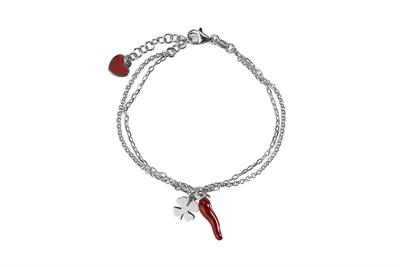 BRACCIALE QUADRIFOGLIO CUORE RODIO IN ARGENTO 925°/°° CORNO SMALTO