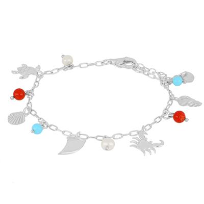 BRACCIALE SOG. MARINI PENDENTI CORALLO , TURCHESE ARGENTO 925°/°°