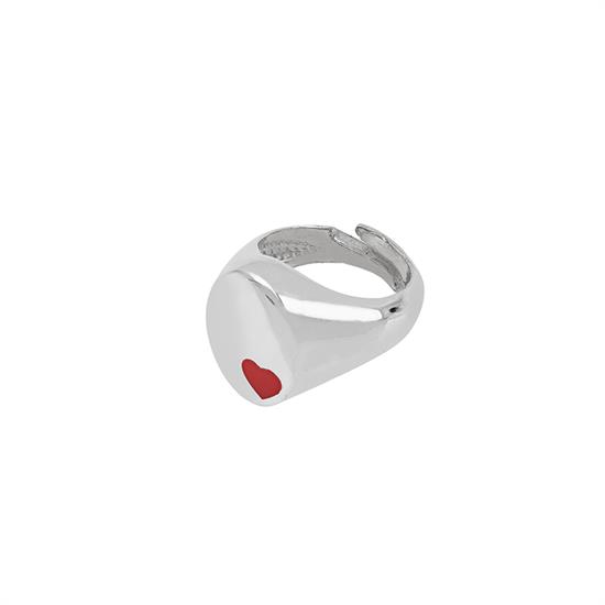 ANELLO SIGILLO CON CUORE SMALTO ROSSO IN ARGENTO 925°/°°