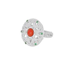 ANELLO CORALLO CON LAVORAZIONE ETRUSCA ZIRCONI VERDI ARGENTO 925°/°°