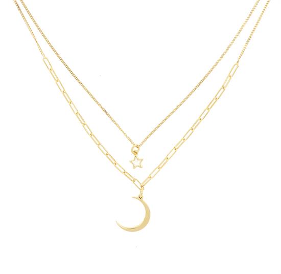 COLLANA DOPPIO MAGLIA OVALE E FILO CON STELLA E LUNA ARGENTO 925°/°°