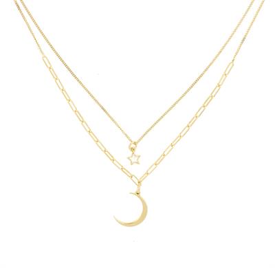 COLLANA DOPPIO MAGLIA OVALE E FILO CON STELLA E LUNA ARGENTO 925°/°°