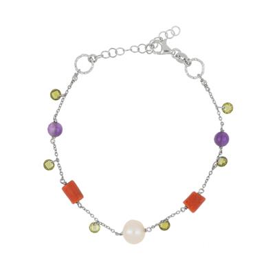 BRACCIALE ZIRCONI RAMI DI CORALLO PERLE COLTIATE ARGENTO 925°/°°