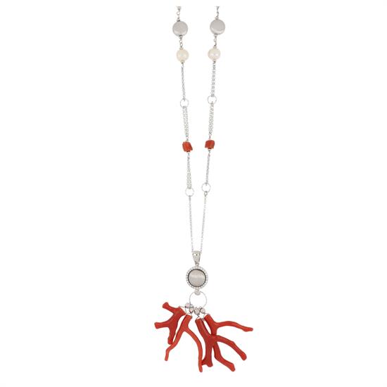 COLLANA CIUFFETTO CORALLO PERLE FIUME ARGENTO 925°/°°