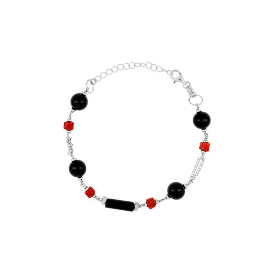 BRACCIALE TUBETTI CORALLO E ONICE NERO IN ARGENTO 925°/°°