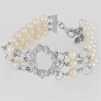 BRACCIALE 3FILI LAVORAZIONE FIORI PERLE FIUME ARGENTO 925°/°°