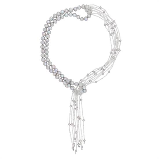 COLLANA NODO PERLE DI FIUME GRIGIE E SPINELLO ARGENTO 925°/°°