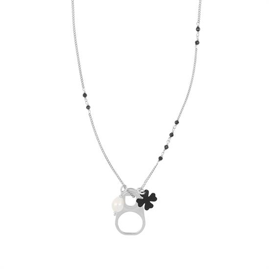 COLLANA LINGUETTA LATTINA QUADRIFOGLIO SMALTO PERLA ARGENTO 925°/°°