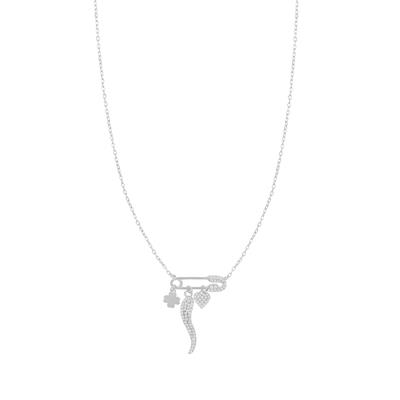 COLLANA SPILLA CON CUORE FERRO DI CAVALLO CORNO CZ ARGENTO 925°/°°