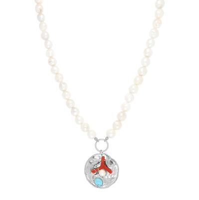 COLLANA PERLE DI FIUME, CORALLO E TURCHESE ARGENTO 925°/°°