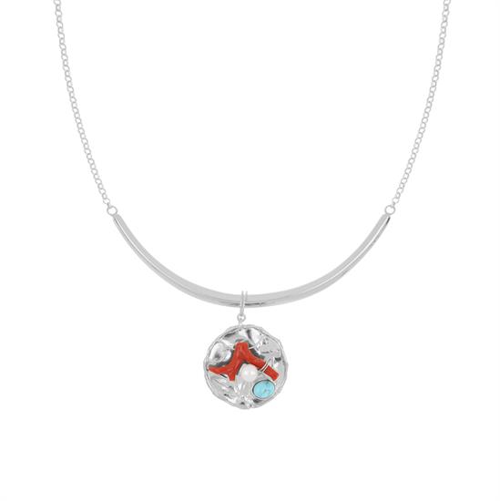 COLLANA RIGIDA PERLE FIUME, CORALLO E TURCHESE ARGENTO 925°/°°