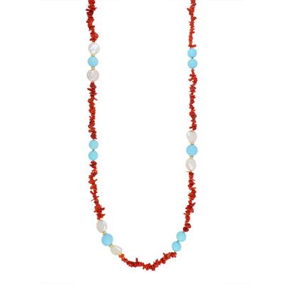 COLLANA SCAGLIE DI CORALLO P.TURCHESE PERLE IN ARGENTO 925°/°°