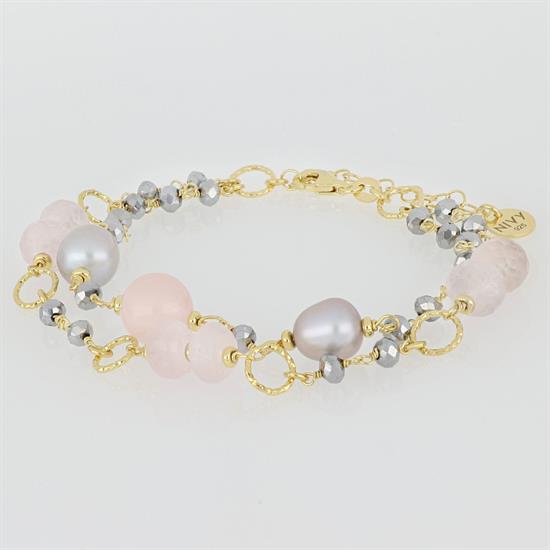 BRACCIALE 2FILI EMA QUARZO ROSA PERLE FIUME ARGENTO 925°/°°