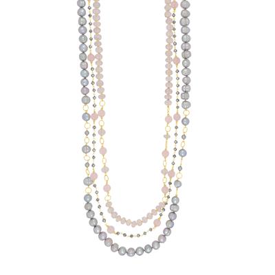 COLLANA 3 FILI EMA, QUARZO ROSA PERLE FIUME ARGENTO 925°/°°