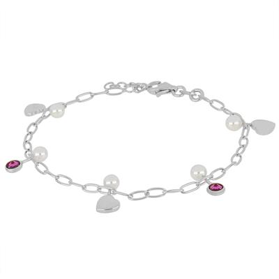 BRACCIALE CATENA OVALINE CUORE E ZIRCONE PERLINA ARGENTO 925°/°°