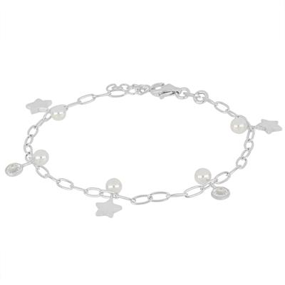 BRACCIALE CATENA OVALINE STELLE E ZIRCONE PERLINA ARGENTO 925°/°°