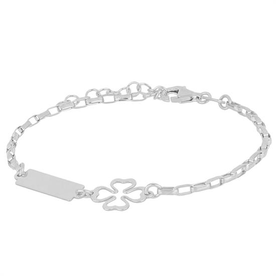 BRACCIALE OVALINA,TARGHETTA,QUADRIFOGLIO TRAFORATO ARGENTO 925°/°°