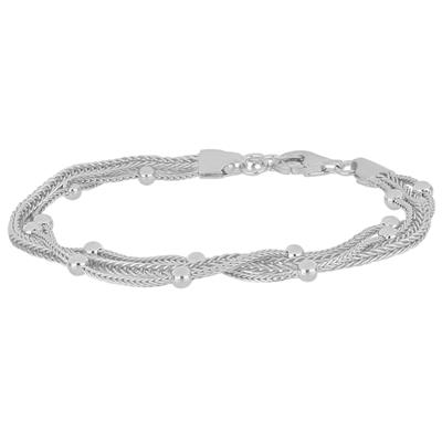 BRACCIALE TRE FILI SCALARI CATENE PALLINO CODA VOLPE ARGENTO 925°/°°