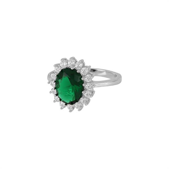 ANELLO ZIRCONE VERDE OVALE 8X10MM IN ARGENTO 925°/°° E ZIRCONI