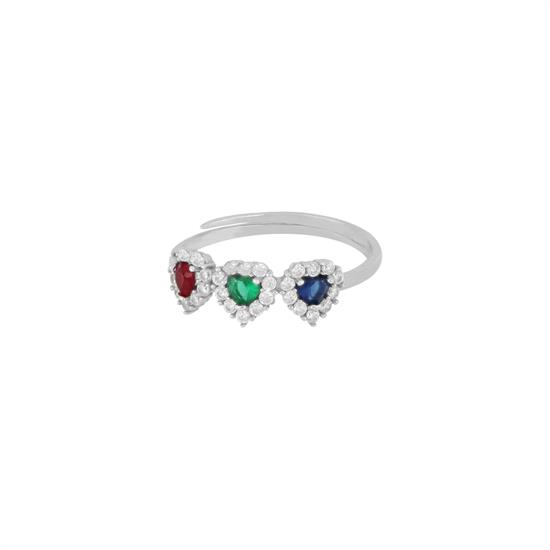 ANELLO TRE CUORI ZIRCONATI BLU ROSSO VERDE IN ARGENTO 925°/°°