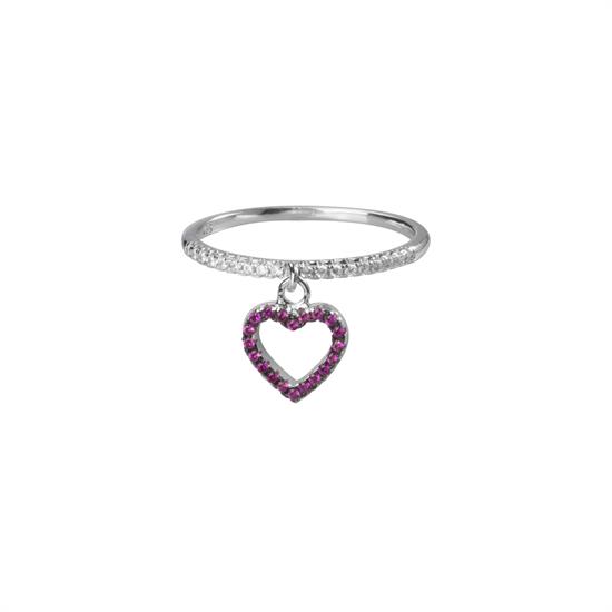 ANELLO CUORE PENDENTE ARGENTO 925°/°° E ZIRCONI FUCSIA