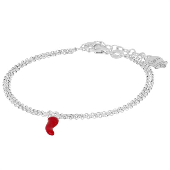 BRACCIALE DOPPIA CATENA CORNO SMALTO ROSSO IN ARGENTO 925°/°°