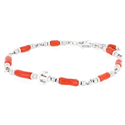 BRACCIALE TUBETTI CORALLO CENTRALE ANCORA IN ARGENTO 925°/°°