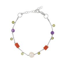 BRACCIALE ZIRCONI RAMI DI CORALLO PERLE COLTIATE ARGENTO 925°/°°