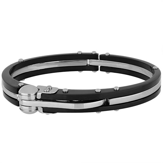 BRACCIALE MANETTA BICOLOR CON SICURA E CERAMICA NERA IN ACCIAIO