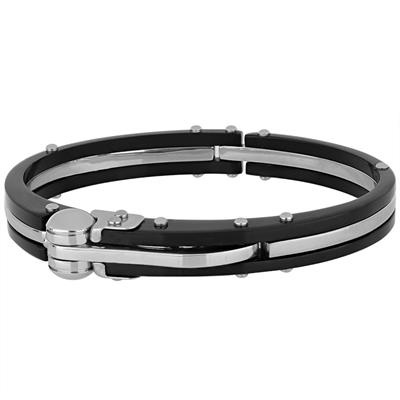 BRACCIALE MANETTA BICOLOR CON SICURA E CERAMICA NERA IN ACCIAIO