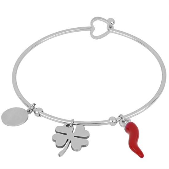 BRACCIALE MANETTA SILVER CON QUADRIFOGLIO IN ACCIAIO CORNETTO RED