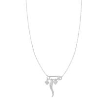 COLLANA SPILLA CON CUORE FERRO DI CAVALLO CORNO CZ ARGENTO 925°/°°