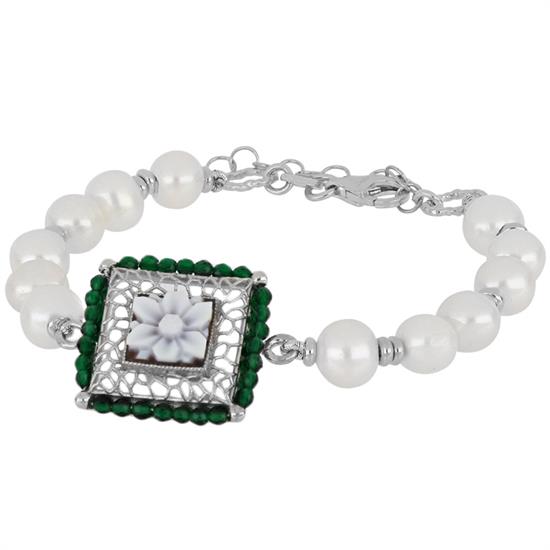 BRACCIALE PERLE DI FIUME CAMMEO PIETRE ARGENTO 925°/°°