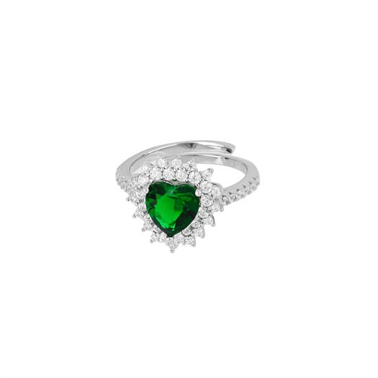 ANELLO CUORE PIETRA VERDE BORDO ZIRCONATO IN ARGENTO 925°/°°