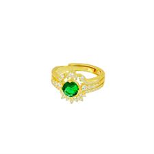 ANELLO DORATO SOLITARIO VERDE ZK TRE FILI BIANCHI ARGENTO 925°/°°