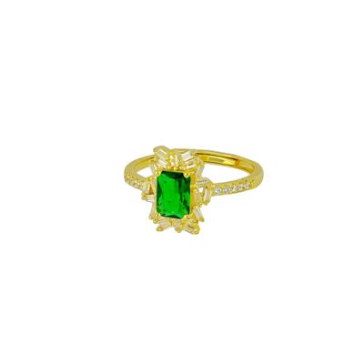 ANELLO DORATO ZICONE RETTANGOLARE VERDE E BAGUETTE ARGENTO 925°/°°