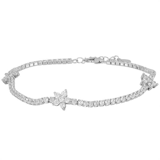 BRACCIALE TENNIS MORBIDO CON TRE FIORELLINI ZIRCONI ARGENTO 925°/°°