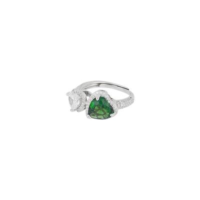 ANELLO DOPPIO CUORE VERDE E ZIRCONI BIANCHI IN ARGENTO 925°/°°