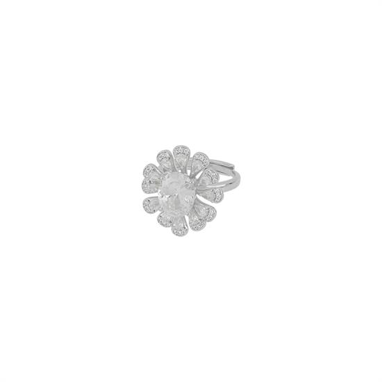 ANELLO RODIO FIORE BIG CENTRO OVALE E PETALI ZIRCON. ARGENTO 925°/°°