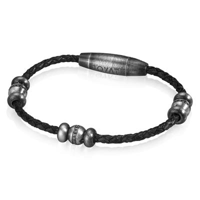 BRACCIALE PELLE NERA CZ NERI IN ACCIAIO GREY