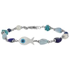 BRACCIALE PESCE MADREPERLA ACQUAM. LAPIS E TURCHESE ARGENTO 925°/°°