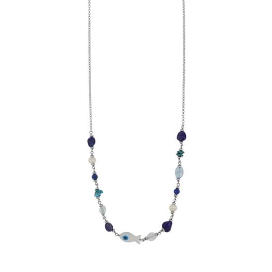 COLLANA PESCE MADREPERLA ACUQAM. LAPIS E TURCHESE ARGENTO 925°/°°