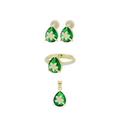 PARURE DORATA GOCCIA VERDE E FIORELLINO ZIRCONATO IN ARGENTO 925°/°°