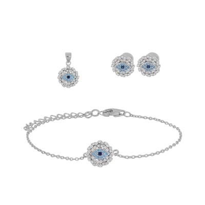 PARURE COLL-BRACC-ORECC TONDO OCCHIO AZZURRO ZK IN ARGENTO 925°/°°